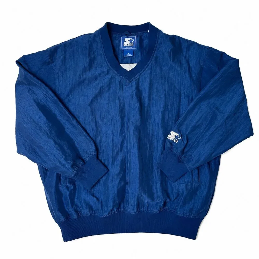 Vintage 90s Starter Pullover Windbreaker Jacket Blue V-Neck Blank Nylon USA M